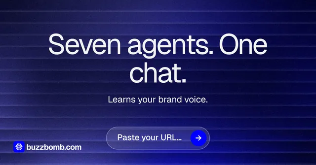 Social ad for BuzzBomb: "Seven agents. One chat." Agentic glass style, centred layout, dark palette in blue.