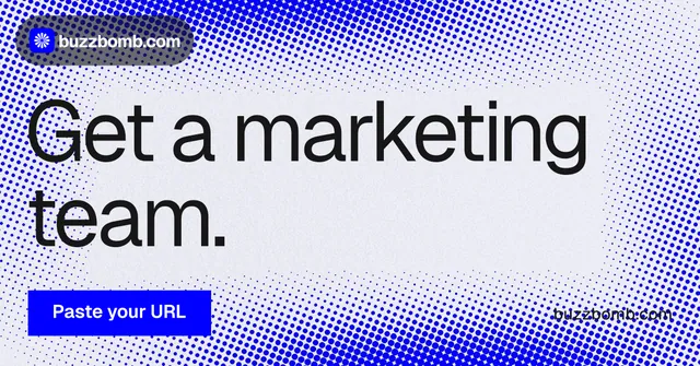 Social ad for BuzzBomb: "Get a marketing team." Swiss style, poster layout, light palette in blue, white.
