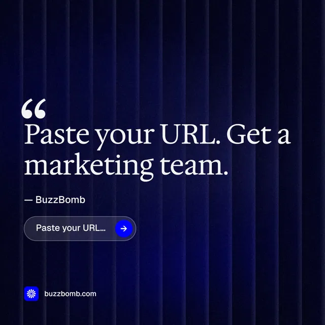 Instagram post for BuzzBomb: "Distribution, solved." Agentic glass style, quote layout, dark palette in black, blue.