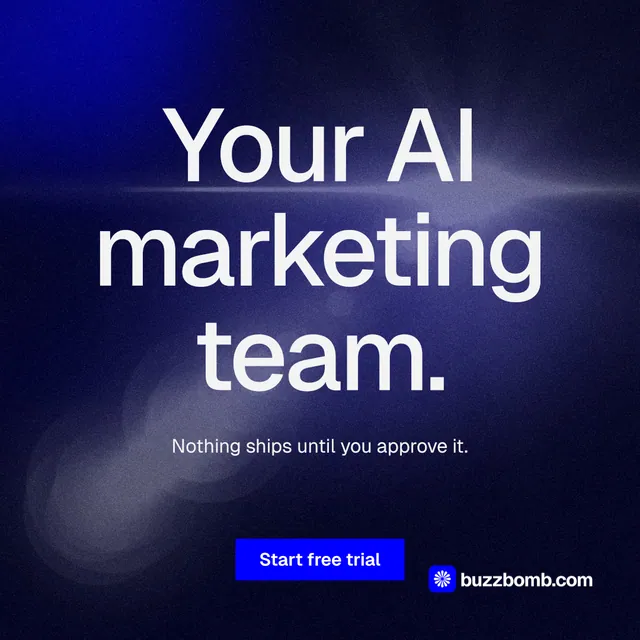 Instagram post for BuzzBomb: "Your AI marketing team." Swiss style, centred layout, dark palette in blue, black, grey.