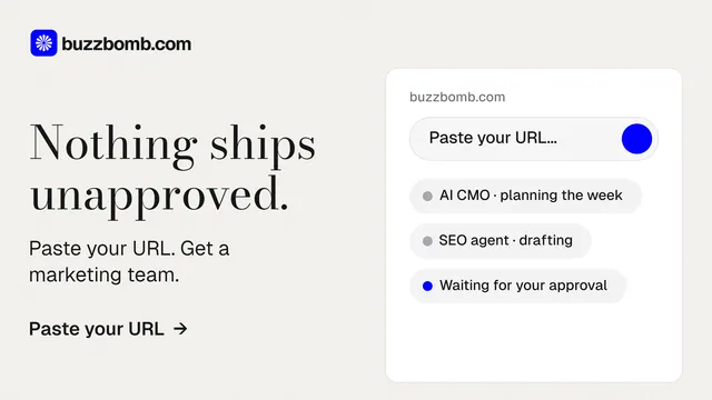 Landscape graphic for BuzzBomb: "Nothing ships unapproved." Minimal luxury style, bottom layout, light palette in white.