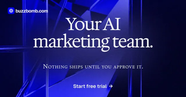 Social ad for BuzzBomb: "Your AI marketing team." Swiss style, smallcaps layout, dark palette in blue, black.