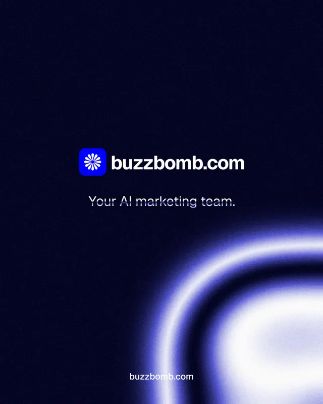 Instagram portrait post for BuzzBomb: "Your AI marketing team." Agentic glass style, end card layout, dark palette in black, blue.