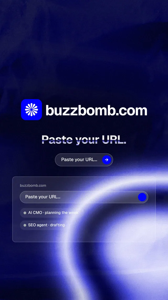 Instagram story for BuzzBomb: "Paste your URL." Agentic glass style, logo hero layout, dark palette in blue, black.