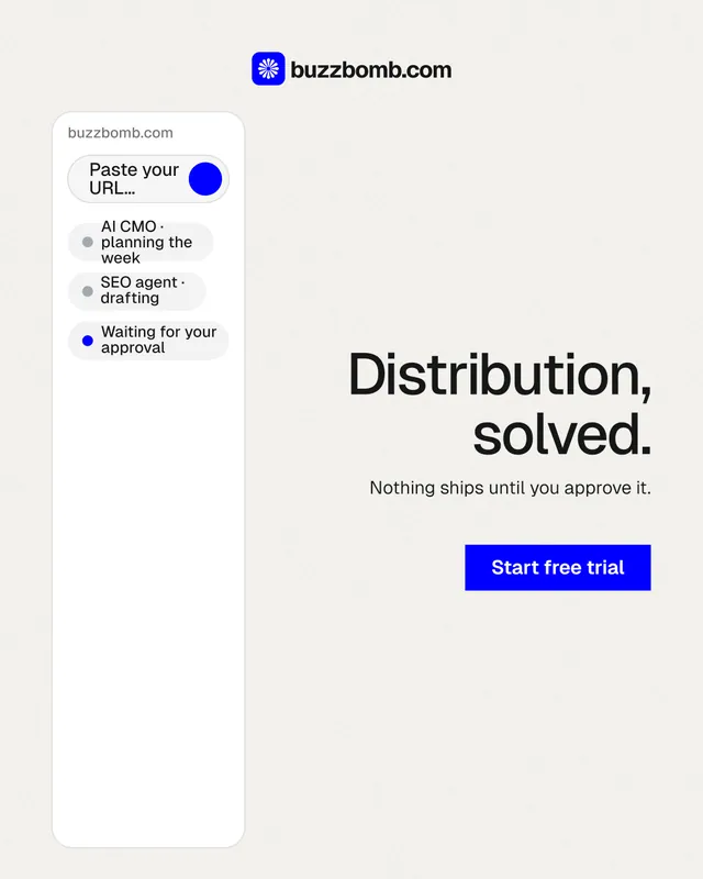 Instagram portrait post for BuzzBomb: "Distribution, solved." Swiss style, right layout, light palette in white.
