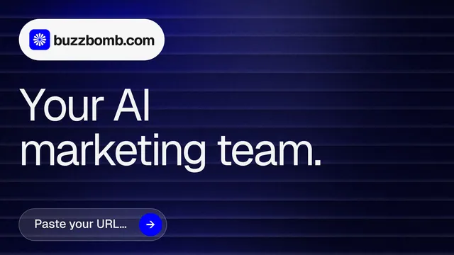 Landscape graphic for BuzzBomb: "Your AI marketing team." Agentic glass style, announce layout, dark palette in black, blue, grey.
