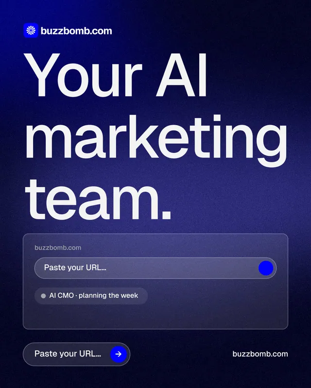 Instagram portrait post for BuzzBomb: "Your AI marketing team." Agentic glass style, poster layout, dark palette in black, blue, grey.