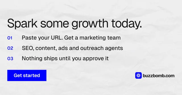 Social ad for BuzzBomb: "Spark some growth today." Swiss style, numbered layout, light palette in white, blue.