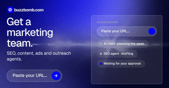 Social ad for BuzzBomb: "Get a marketing team." Agentic glass style, bottom layout, dark palette in blue.
