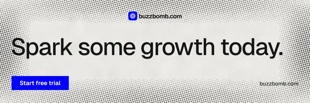 X header for BuzzBomb: "Spark some growth today." Swiss style, poster layout, light palette in grey, white.