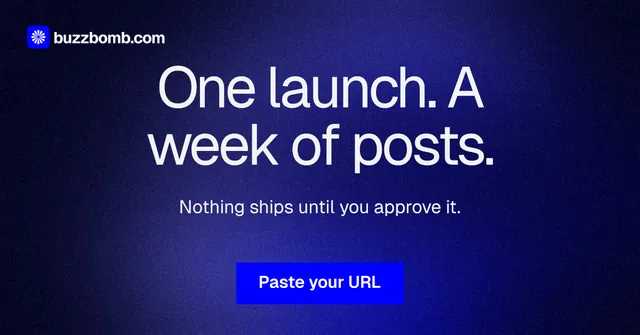 Social ad for BuzzBomb: "One launch. A week of posts." Swiss style, centred layout, dark palette in black, blue.
