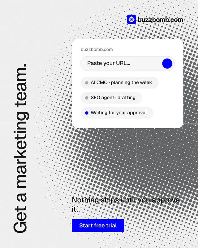 Instagram portrait post for BuzzBomb: "Get a marketing team." Swiss style, vertical layout, light palette in white, grey.