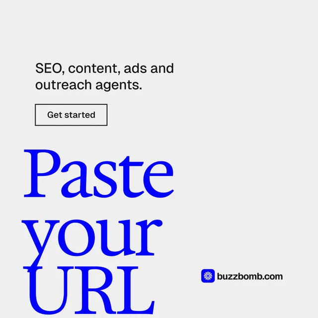 Instagram post for BuzzBomb: "Paste your URL." Editorial style, oversized layout, light palette in white, blue.