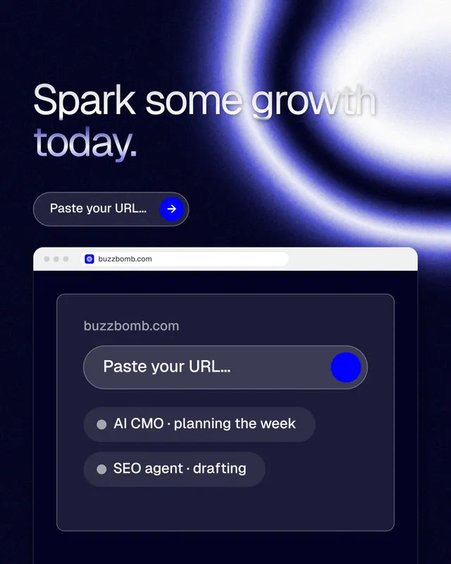 Instagram portrait post for BuzzBomb: "Spark some growth today." Agentic glass style, browser layout, dark palette in blue, black.