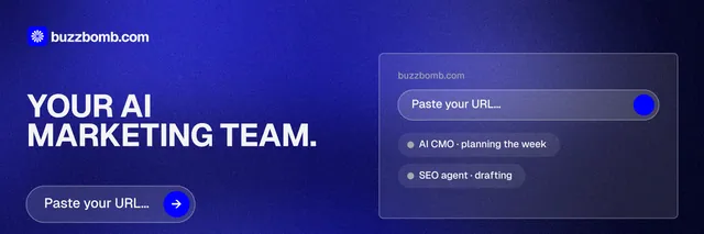 X header for BuzzBomb: "Your AI marketing team." Agentic glass style, bottom layout, dark palette in blue.