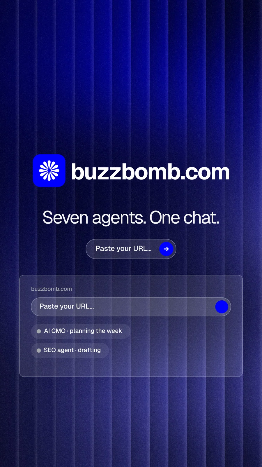 Instagram story for BuzzBomb: "Seven agents. One chat." Agentic glass style, logo hero layout, dark palette in blue.