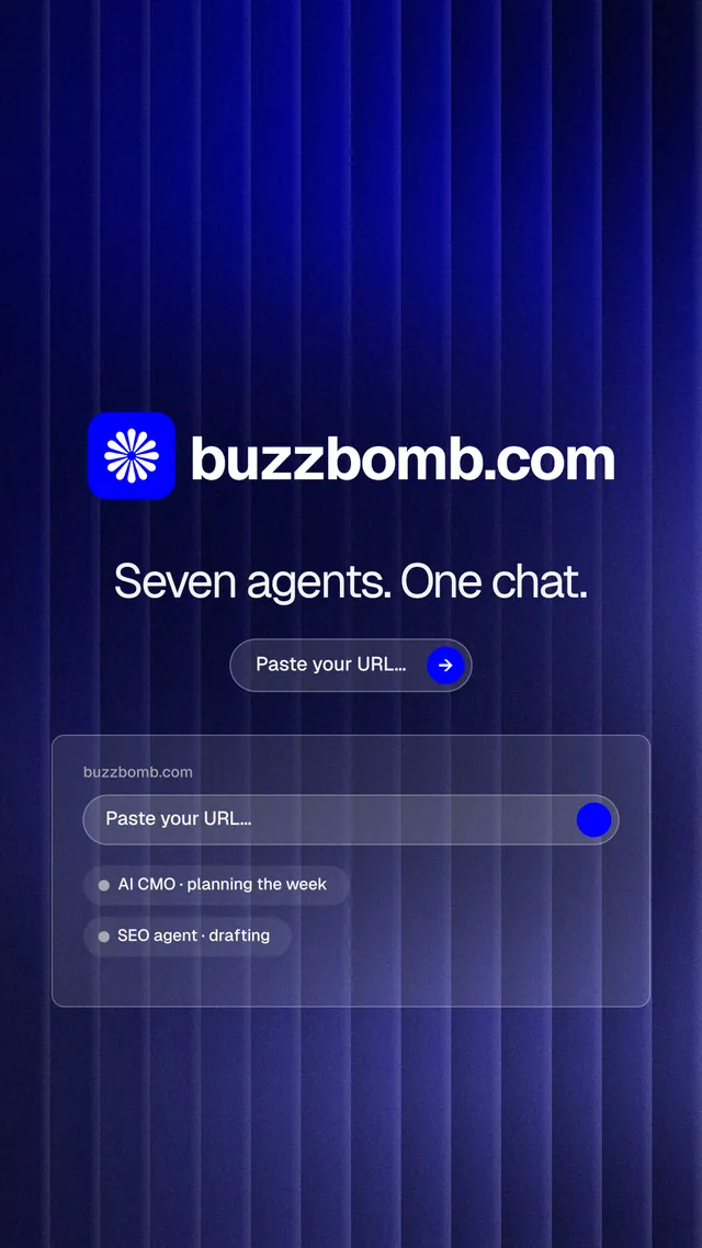 Instagram story for BuzzBomb: "Seven agents. One chat." Agentic glass style, logo hero layout, dark palette in blue.