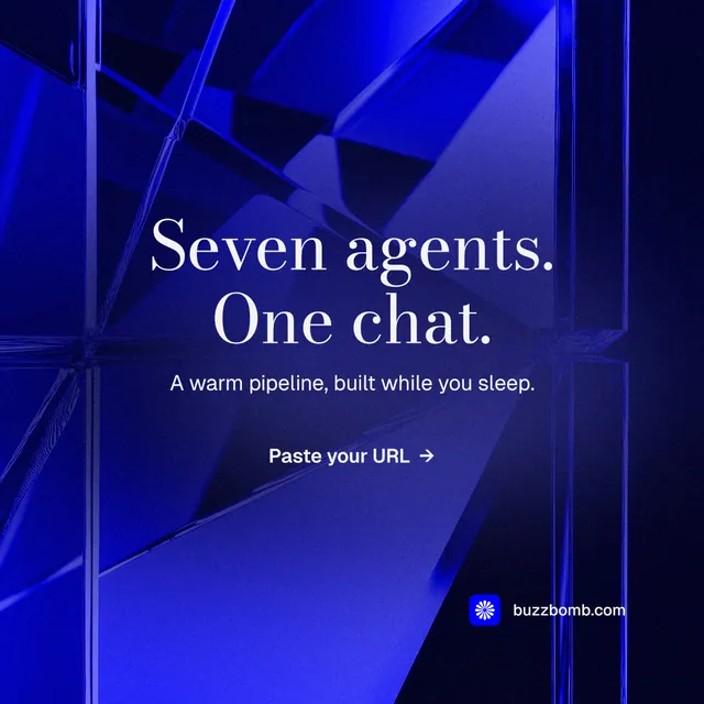 Instagram post for BuzzBomb: "Seven agents. One chat." Minimal luxury style, centred layout, dark palette in black, blue.