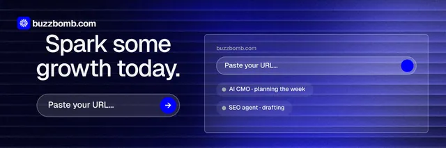 X header for BuzzBomb: "Spark some growth today." Agentic glass style, skeleton layout, dark palette in black, blue.