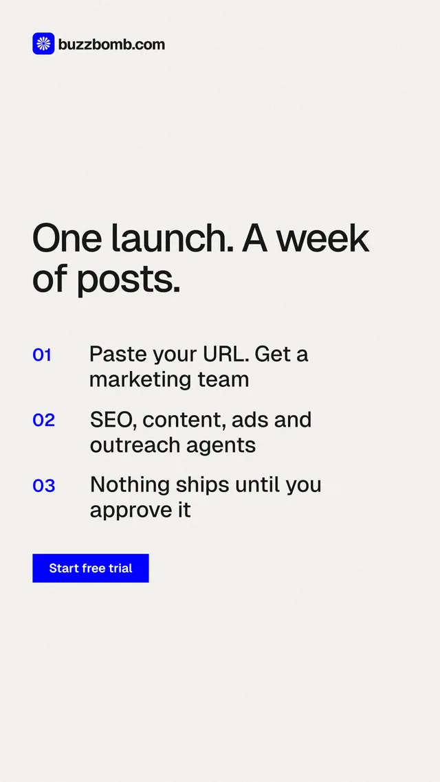 Instagram story for BuzzBomb: "One launch. A week of posts." Swiss style, numbered layout, light palette in white, grey.