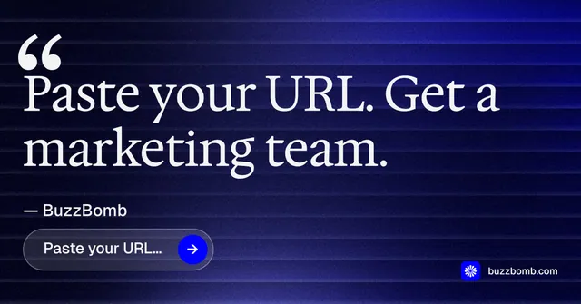 Social ad for BuzzBomb: "Spark some growth today." Agentic glass style, quote layout, dark palette in black, blue, grey.