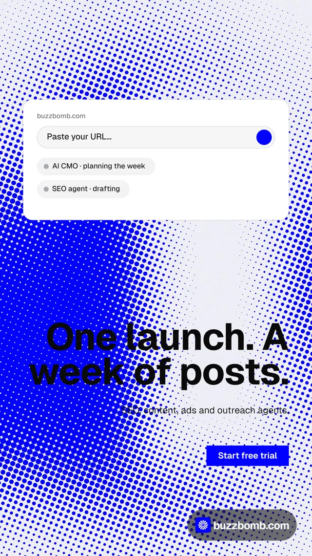 Instagram story for BuzzBomb: "One launch. A week of posts." Swiss style, right layout, light palette in blue, white.