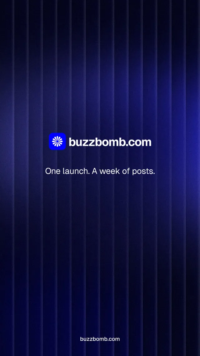 Instagram story for BuzzBomb: "One launch. A week of posts." Agentic glass style, end card layout, dark palette in blue, black.