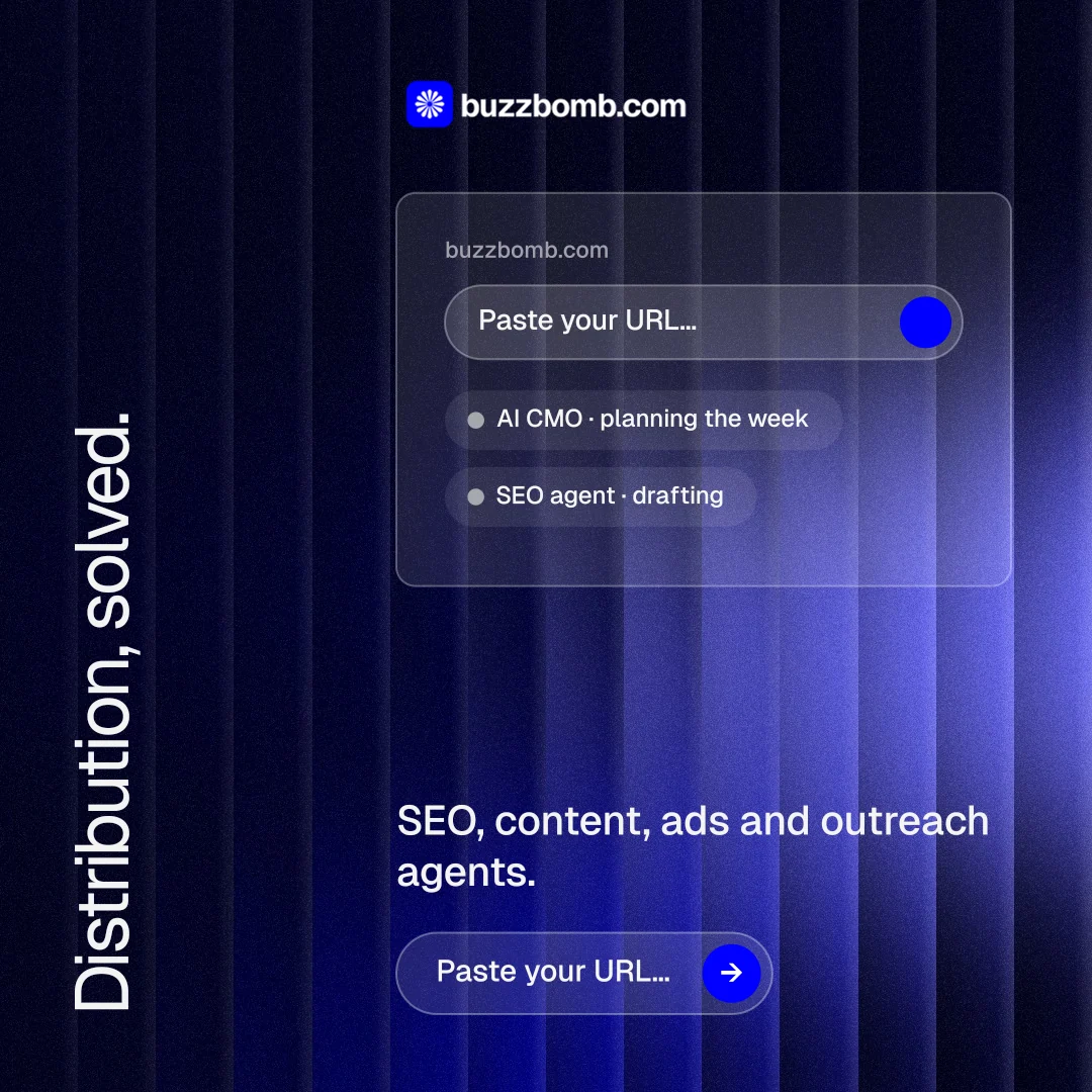 Instagram post for BuzzBomb: "Distribution, solved." Agentic glass style, vertical layout, dark palette in black, blue.
