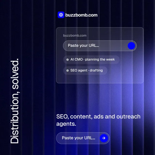 Instagram post for BuzzBomb: "Distribution, solved." Agentic glass style, vertical layout, dark palette in black, blue.