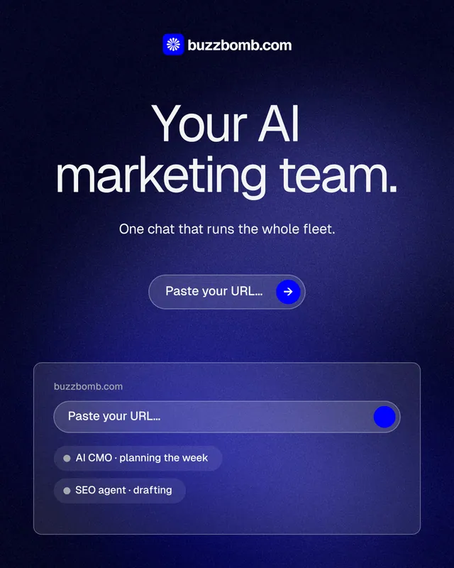 Instagram portrait post for BuzzBomb: "Your AI marketing team." Agentic glass style, centred layout, dark palette in black, blue.