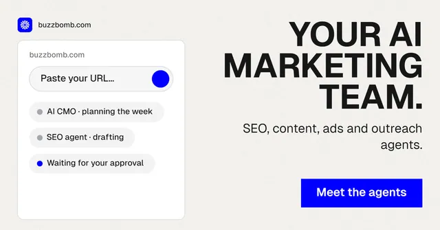 Social ad for BuzzBomb: "Your AI marketing team." Swiss style, right layout, light palette in white, blue.