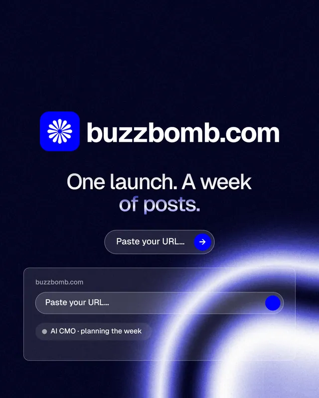 Instagram portrait post for BuzzBomb: "One launch. A week of posts." Agentic glass style, logo hero layout, dark palette in black, blue.