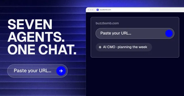 Social ad for BuzzBomb: "Seven agents. One chat." Agentic glass style, browser layout, dark palette in blue, black.
