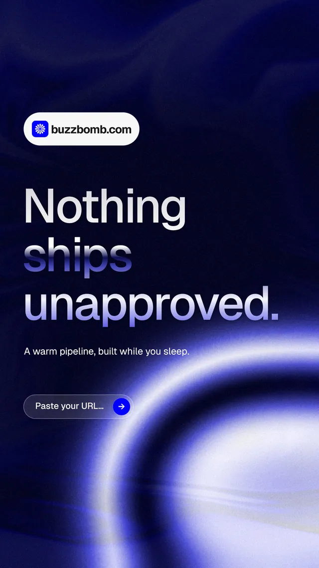 Instagram story for BuzzBomb: "Nothing ships unapproved." Agentic glass style, announce layout, dark palette in blue, black.