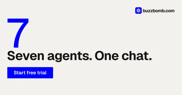 Social ad for BuzzBomb: "Seven agents. One chat." Swiss style, stat layout, light palette in white, blue.