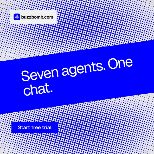 Instagram post for BuzzBomb: "Seven agents. One chat." Swiss style, diagonal layout, light palette in blue.