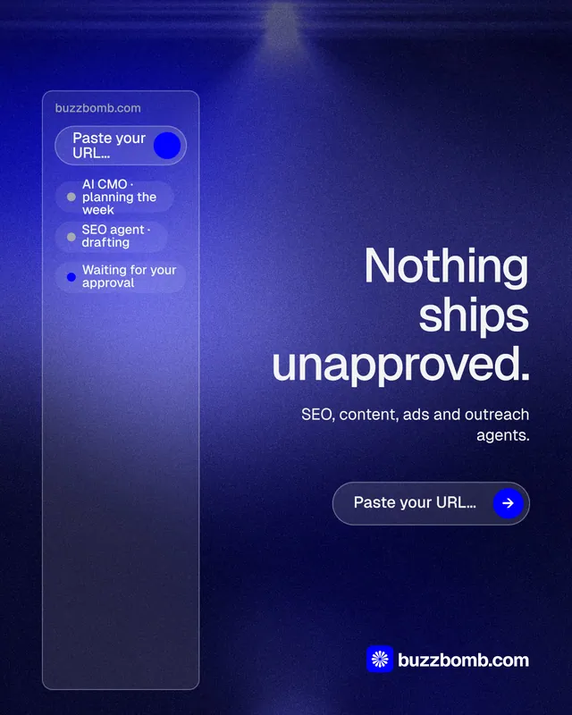 Instagram portrait post for BuzzBomb: "Nothing ships unapproved." Agentic glass style, right layout, dark palette in blue.