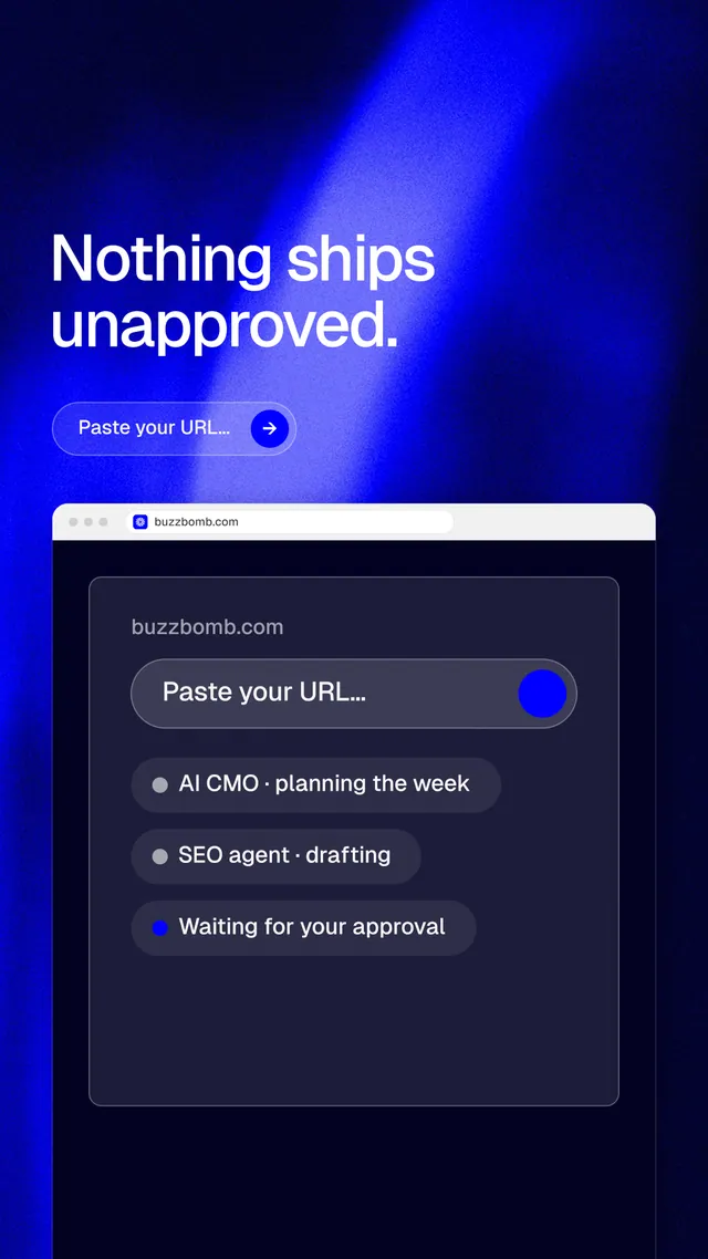 Instagram story for BuzzBomb: "Nothing ships unapproved." Agentic glass style, browser layout, dark palette in blue, black.