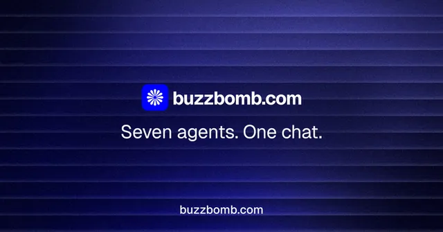 Social ad for BuzzBomb: "Seven agents. One chat." Agentic glass style, end card layout, dark palette in black, blue.