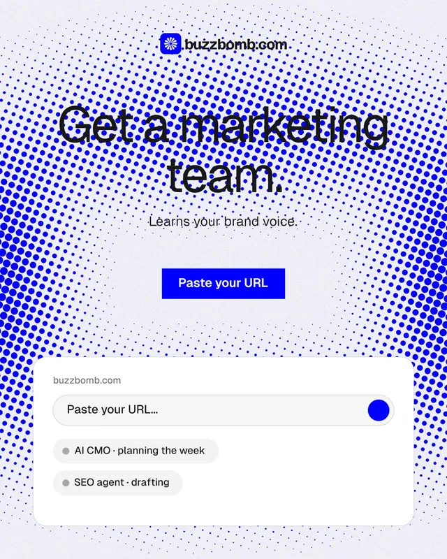 Instagram portrait post for BuzzBomb: "Get a marketing team." Swiss style, centred layout, light palette in white, blue.