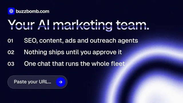 Landscape graphic for BuzzBomb: "Your AI marketing team." Agentic glass style, numbered layout, dark palette in black, blue.