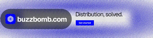 LinkedIn banner for BuzzBomb: "Distribution, solved." Swiss style, logo hero layout, light palette in blue.