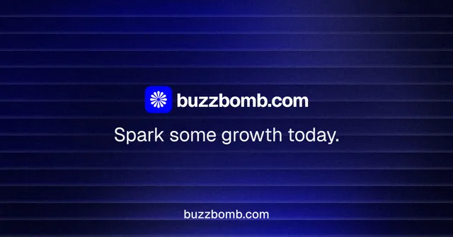 Social ad for BuzzBomb: "Spark some growth today." Agentic glass style, end card layout, dark palette in black, blue.