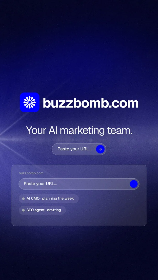 Instagram story for BuzzBomb: "Your AI marketing team." Agentic glass style, logo hero layout, dark palette in black, blue.
