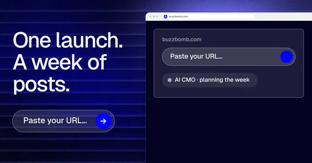 Social ad for BuzzBomb: "One launch. A week of posts." Agentic glass style, browser layout, dark palette in blue, black.