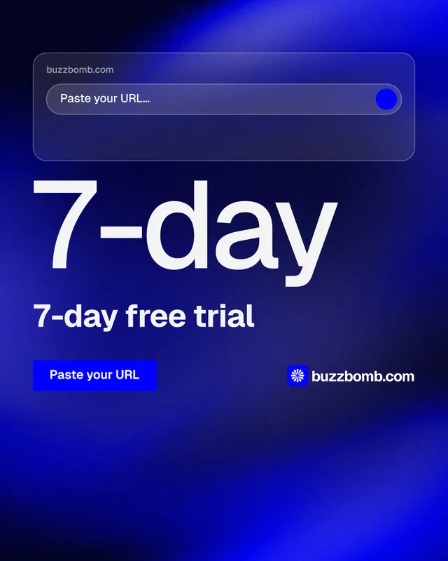 Instagram portrait post for BuzzBomb: "Seven agents. One chat." Swiss style, stat layout, dark palette in blue.