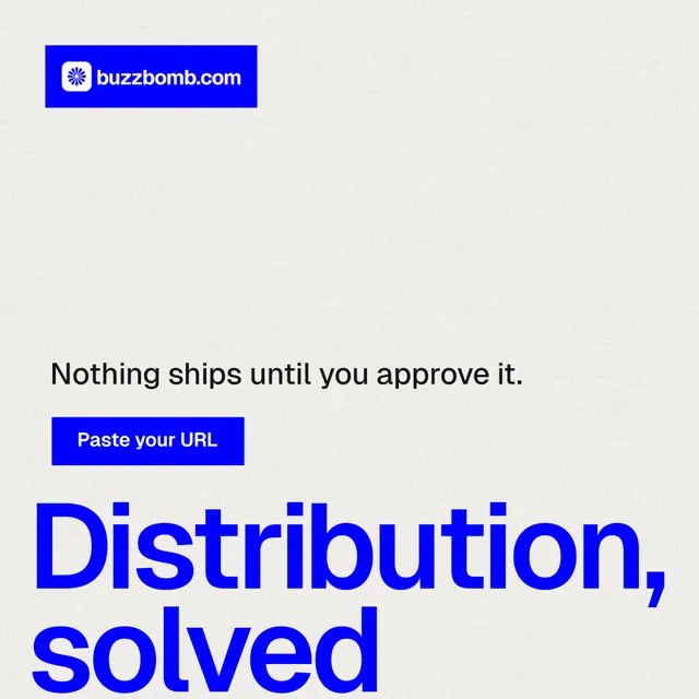 Instagram post for BuzzBomb: "Spark some growth today." Swiss style, oversized layout, light palette in white, blue.