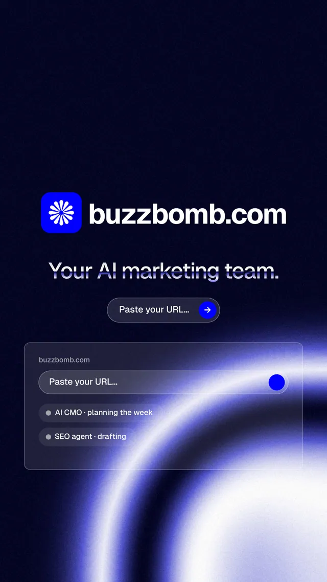 Instagram story for BuzzBomb: "Your AI marketing team." Agentic glass style, logo hero layout, dark palette in black, blue.