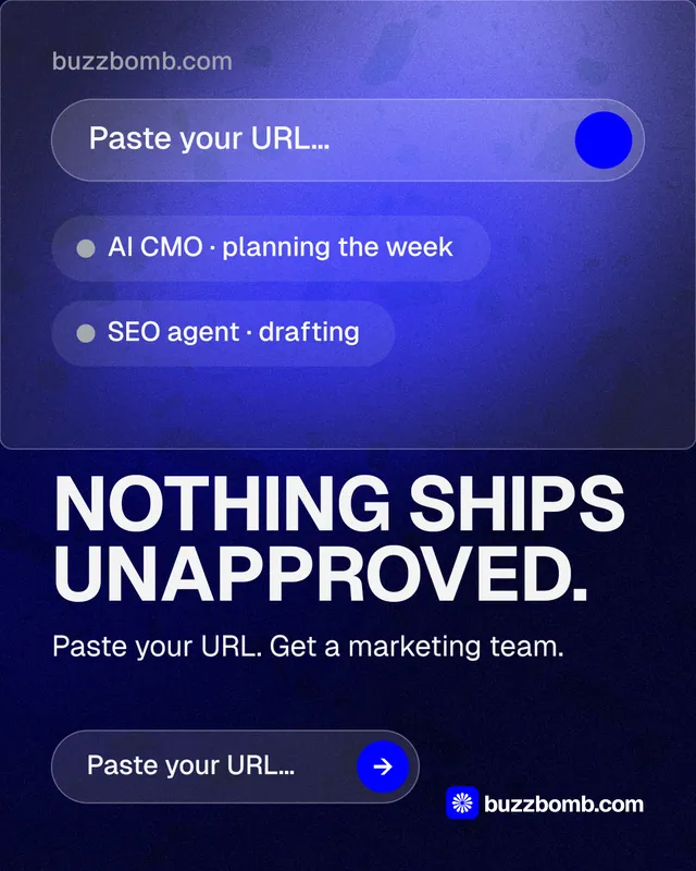 Instagram portrait post for BuzzBomb: "Nothing ships unapproved." Agentic glass style, skeleton layout, dark palette in black, blue.