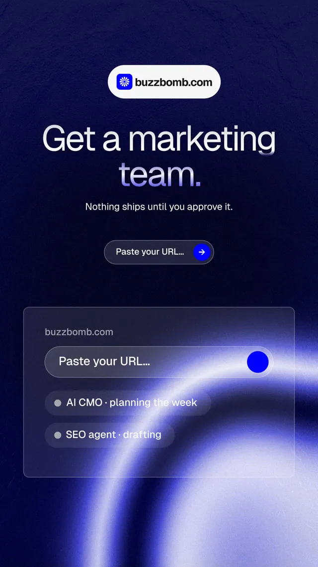 Instagram story for BuzzBomb: "Get a marketing team." Agentic glass style, centred layout, dark palette in blue, black.